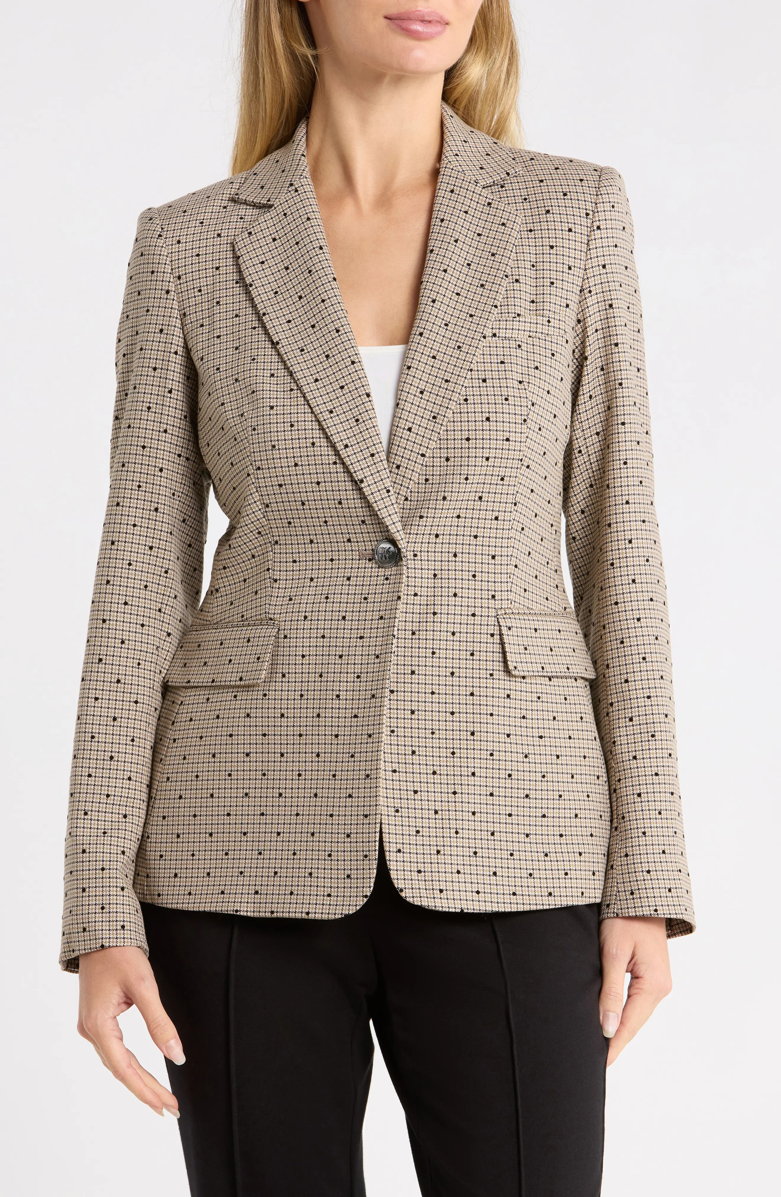 DKNY Dot Houndstooth Check Blazer in Travertine/Black Multi at Nordstrom Rack, Size 12 | Nordstrom Rack