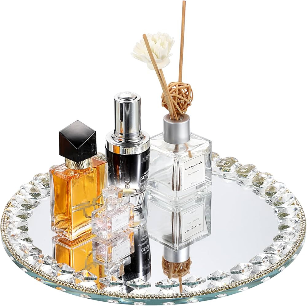Hipiwe Mirror Glass Vanity Tray Sparkling Crystal Perfume Tray Round Decorative Tray Gorgeous Mak... | Amazon (US)