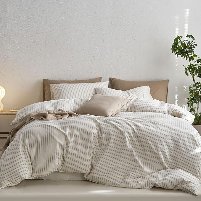 MooMee Striped Duvet Cover Set 100% Washed Cotton Linen Like Textured Breathable Durable Soft Com... | Amazon (US)