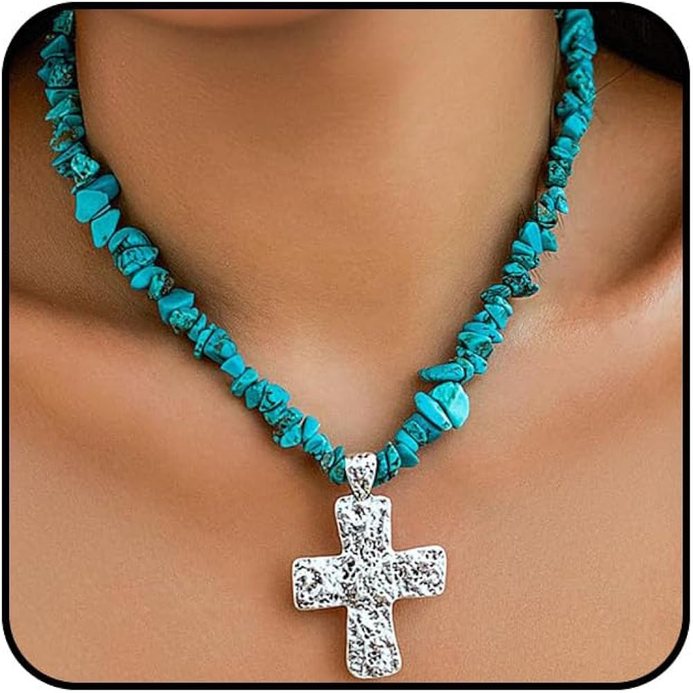 Irregular Natural Stone Choker Necklace for Women Handmade Cross Beads Pendant Necklace Beads Cru... | Amazon (US)