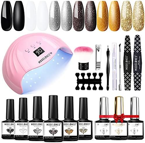 Modelones Gel Nail Polish Kit with 48W LED Light White Black Gold Glitter Gel Nail Kit Soak Off Gel  | Amazon (US)