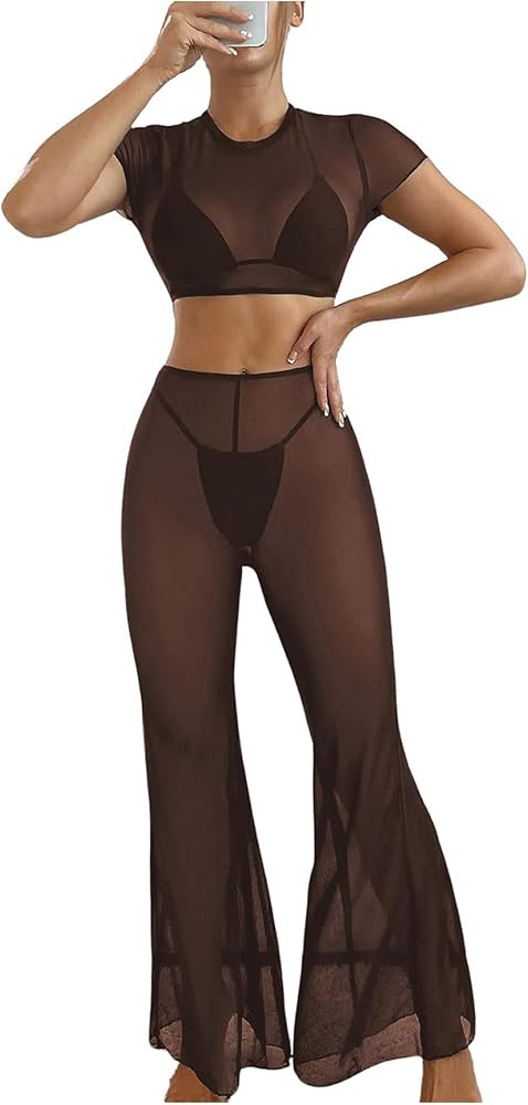 Verdusa Women's 2 Piece Sheer Mesh Bikini Cover Up Sets Crop Top and Wide Leg Pants | Amazon (US)