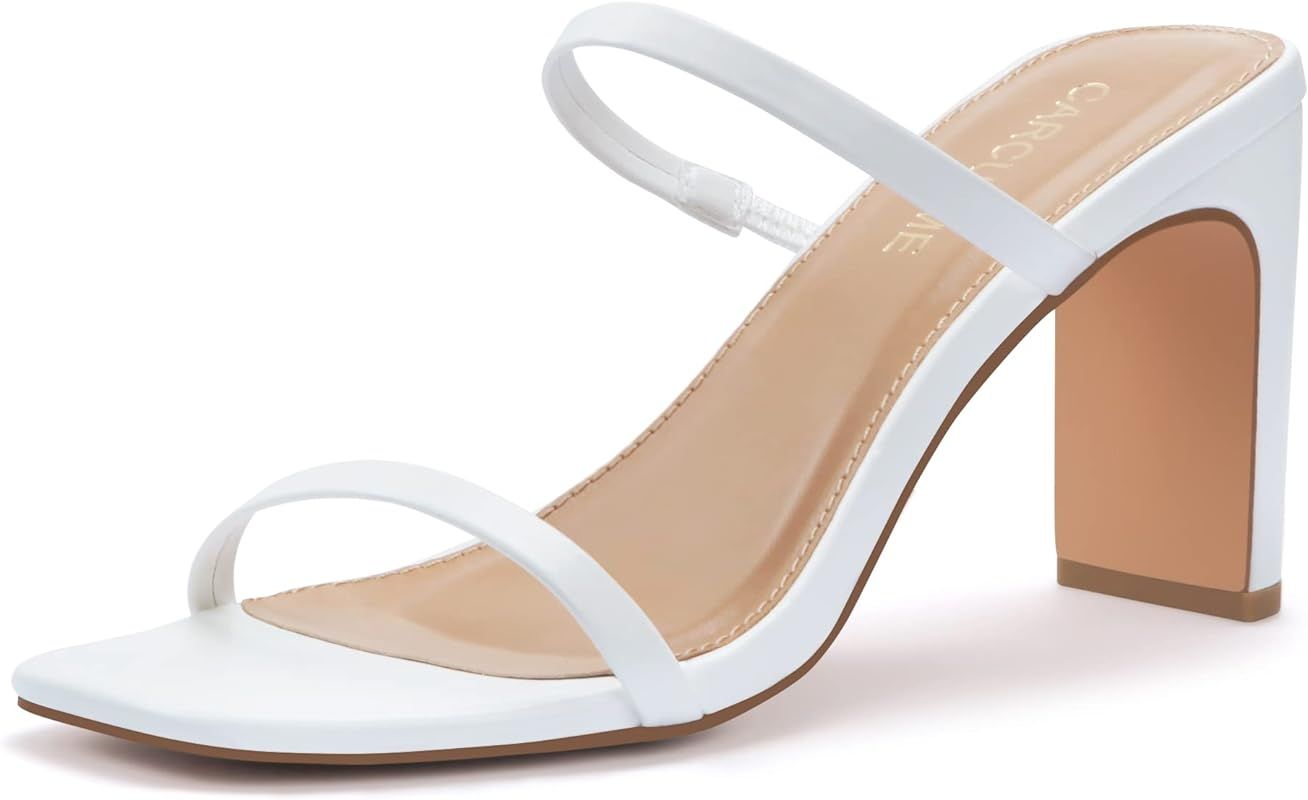 Women's Square Toe Two Strap Open Toe Block Heels Sandals Slip On Shoes | Amazon (US)