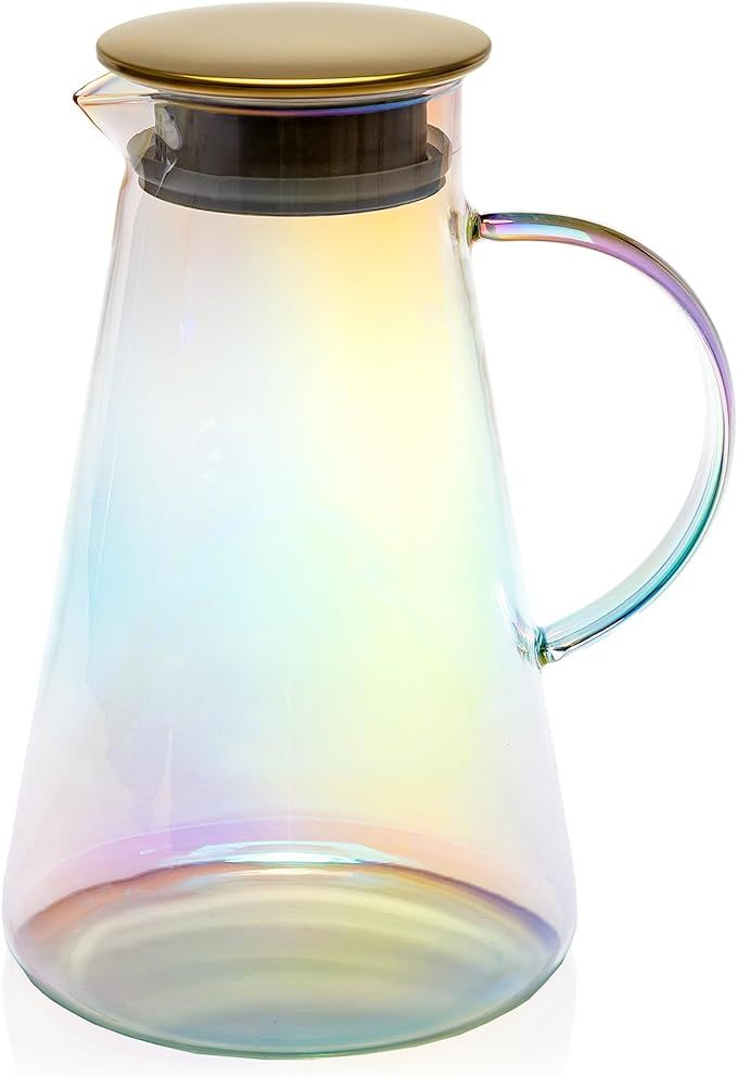 Paris Hilton Iridescent Glass Pitcher with Gold Lid, Rainbow Finish on Temperature Safe Glass, Tw... | Amazon (US)