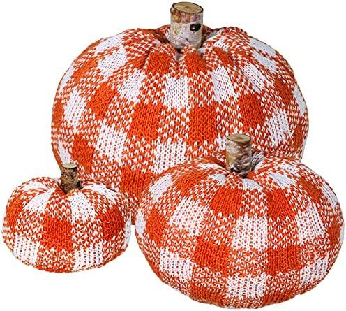 Set of 3 Faux Decorative Orange & White Buffalo Check Pumpkins Crochet Pumpkins Knit Pumpkins Foam P | Amazon (US)