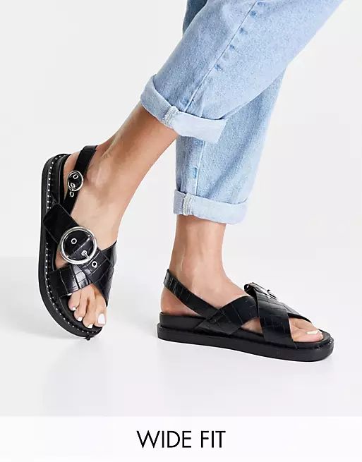 Glamorous Wide Fit cross strap chunky sandals in black croc | ASOS (Global)