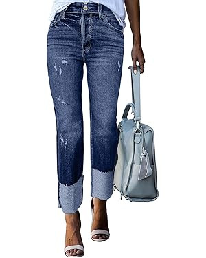 Sidefeel Womens Ripped Cuffed Jeans High Waisted Boyfriend Straight Leg Denim Pants | Amazon (US)