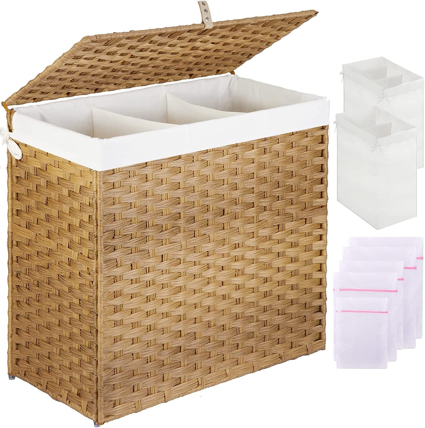 Greenstell Laundry Hamper with Lid, 125L Large 3 Sections Clothes Hamper with 2 Removable Liner B... | Amazon (US)