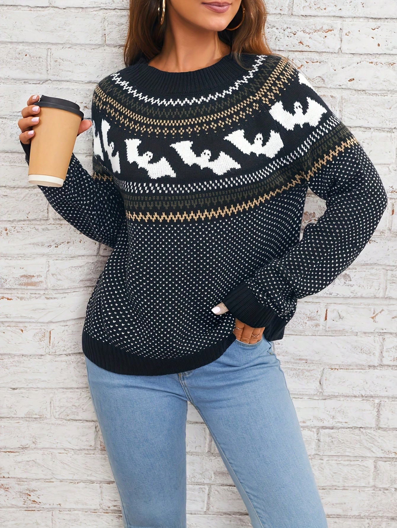 Women's Sweater Halloween Ghost Skull Round Neck Polka Dot Single Jacquard Ribbed Long Sleeve Kni... | SHEIN
