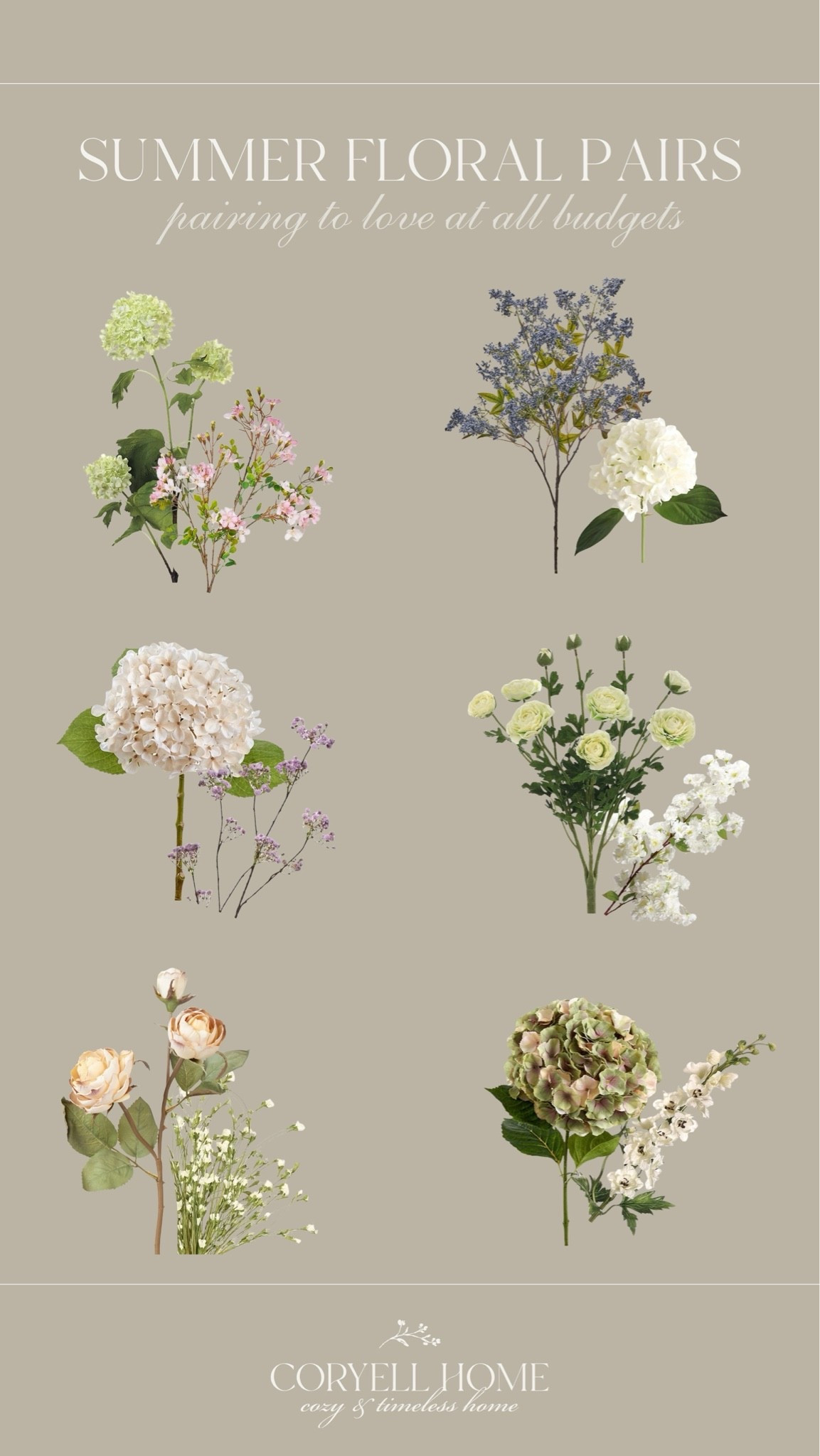 Faux floral pairings for the summer season. 🤍 These beautiful florals would look so pretty in vases throughout our neutral home. They add such a light and airy summertime feeling to all of our curated spaces.