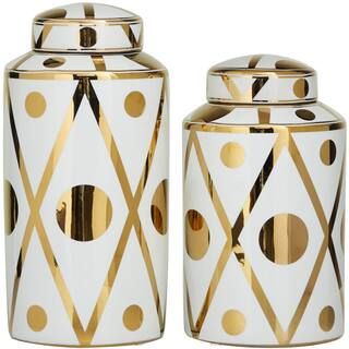 Novogratz White Ceramic Geometric Decorative Jars with Gold Accents (Set of 2) 043027 - The Home ... | The Home Depot