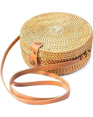 Round Straw Bag Shoulder Leather Straps | Wicker Rattan Hand Woven Crossbody Shoulder Purse Beach... | Amazon (US)