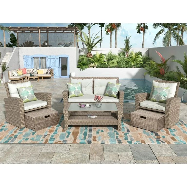 Highsound 4 Piece Patio Furniture Sets, Wicker Outdoor Conversation Set with 2 Ottomans & Coffee ... | Walmart (US)