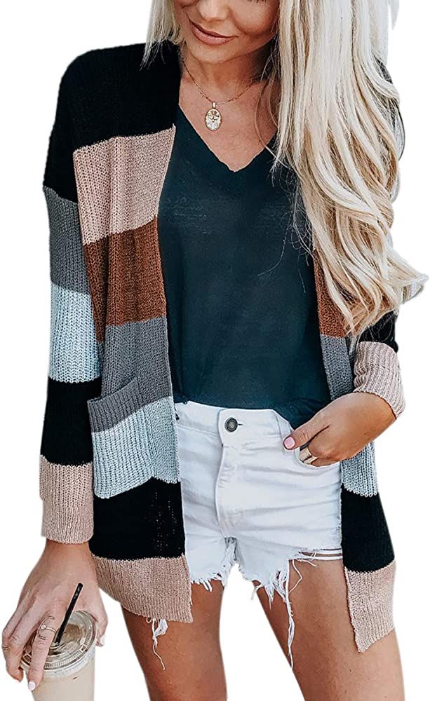 ECOWISH Womens Cardigan Color Block Striped Draped Kimono Cardigans Long Sleeve Open Front Casual Kn | Amazon (US)