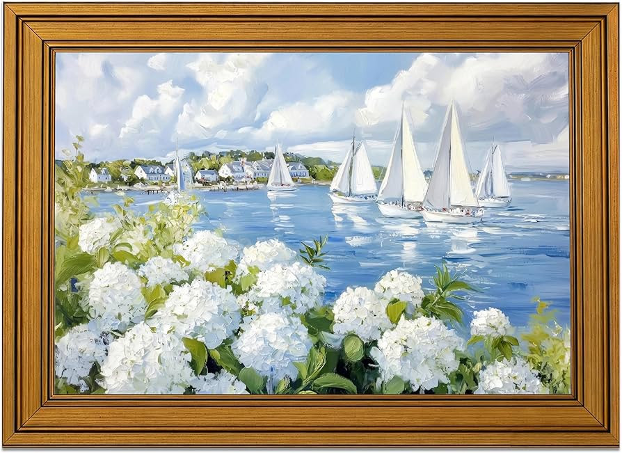 Vintage Gold Framed Coastal Wall Art, Sailboat Seascape Wall Decor, White Hydrangea Painting Pict... | Amazon (US)
