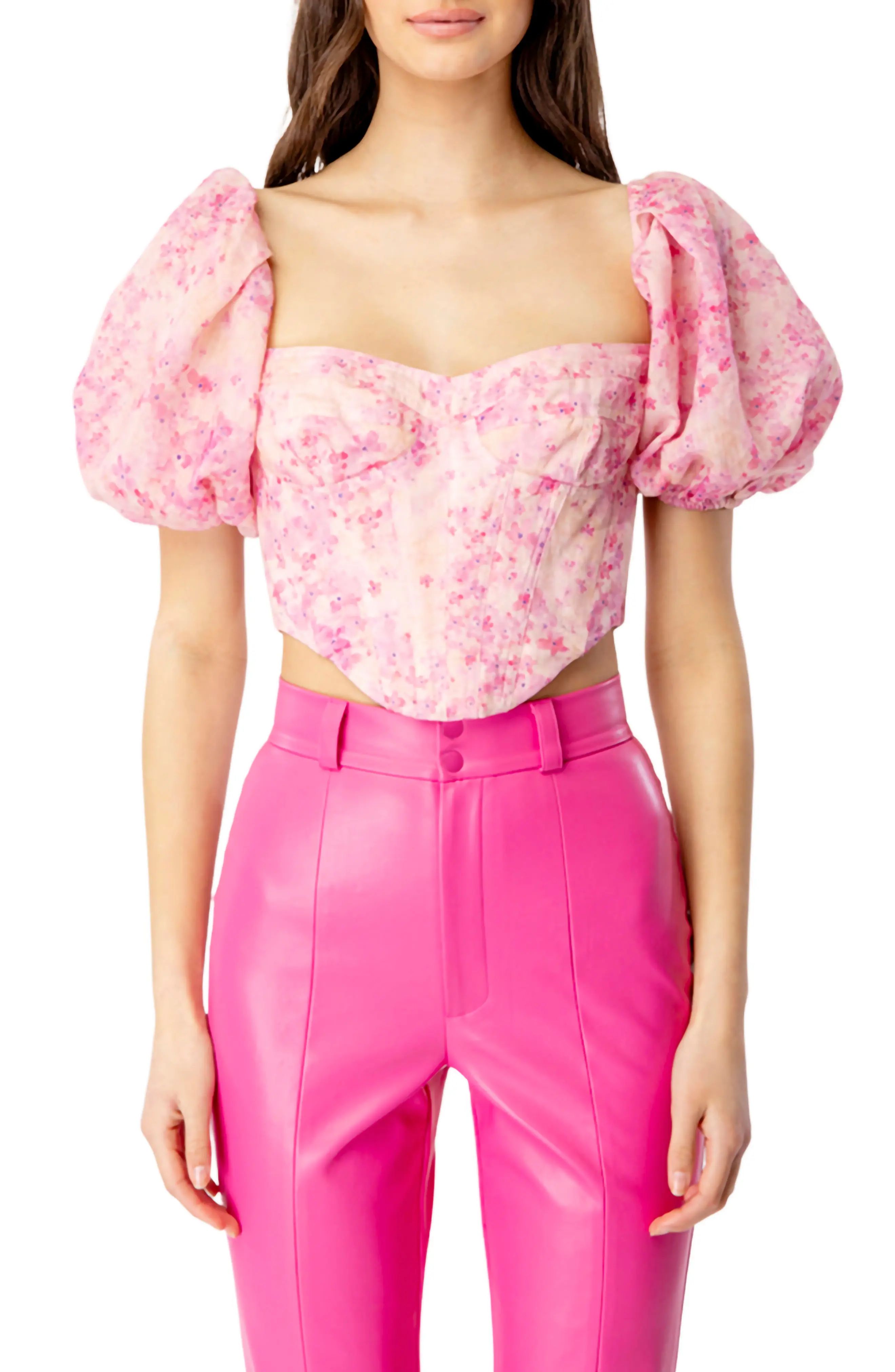 Bardot Kiah Puff Sleeve Corset Top in Pink Floral at Nordstrom, Size 10Regular | Nordstrom