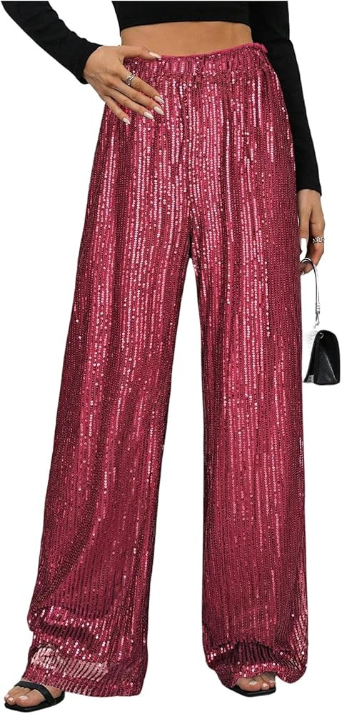 WDIRARA Women's Sequin Sparkle Pants Elastic Waist Wide Leg Party Club Trousers | Amazon (US)