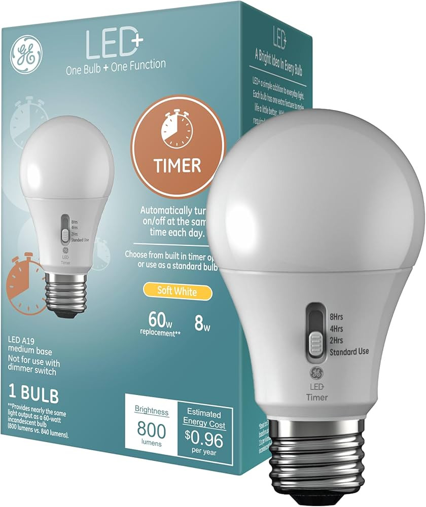 GE LED+ Timer A19 LED Light Bulbs, Built-in Automatic Indoor Timer Light, 8W, Soft White (1 Pack) | Amazon (US)