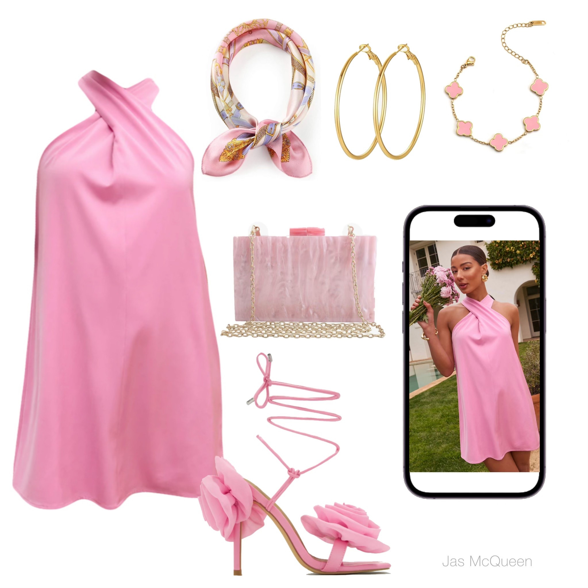 Pink Flowy Halter Spring Dress. 

Wedding Guest Dress
Spring Date outfit  

Floral rose, Strappy heels, gold hoops, gold accent pink marble purse, pink floral hair twilly, Vici dress

#LTKStyleTip #LTKItBag #LTKSpringSale