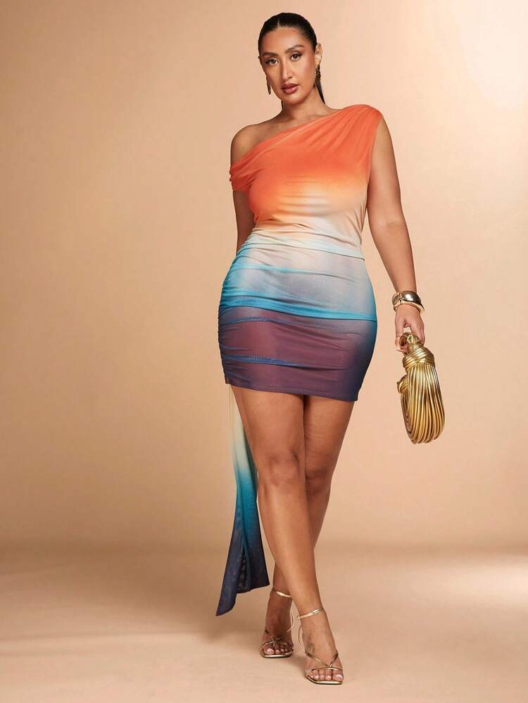 SHEIN BAE Plus Size Women's Spring Summer Resort Beach Elegant Off-Shoulder Ribbon Green Gradient Mini Dress,Summer Outfits For Women,Vacation Outfits Woman,Wedding Guest Dress Women,Dresses For Women Elegant,Concert Outfit Women,Graduation Dresses For Women,Brunch Outfits For Women | SHEIN