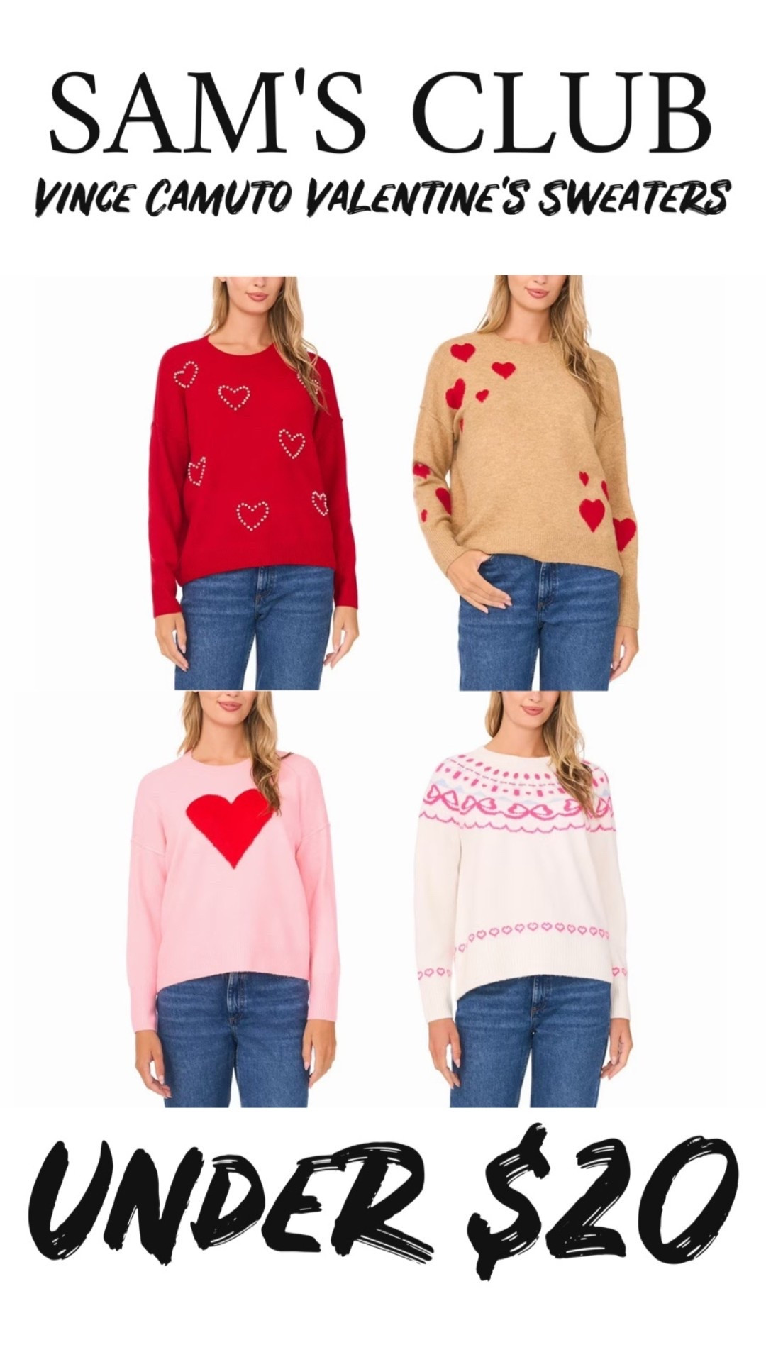 Sam’s Club Vince Canute Valentines Day sweaters under $20
Great 👍🏻 quality 

#LTKFindsUnder50 #LTKSeasonal #LTKOver40