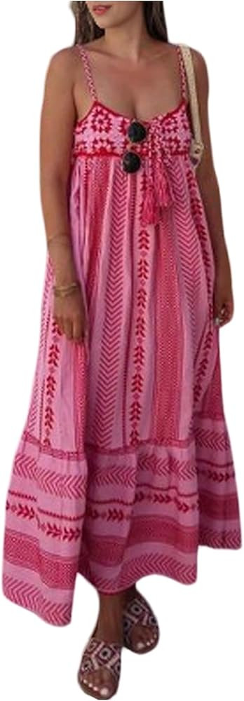 SOLY HUX Women's Summer Boho Printed Maxi Dress Spaghetti Strap Ruffle Hem Flowy Long Cami Dresse... | Amazon (US)