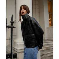 River Island Black Funnel Neck Faux Leather Bomber Jacket | River Island UK & IE