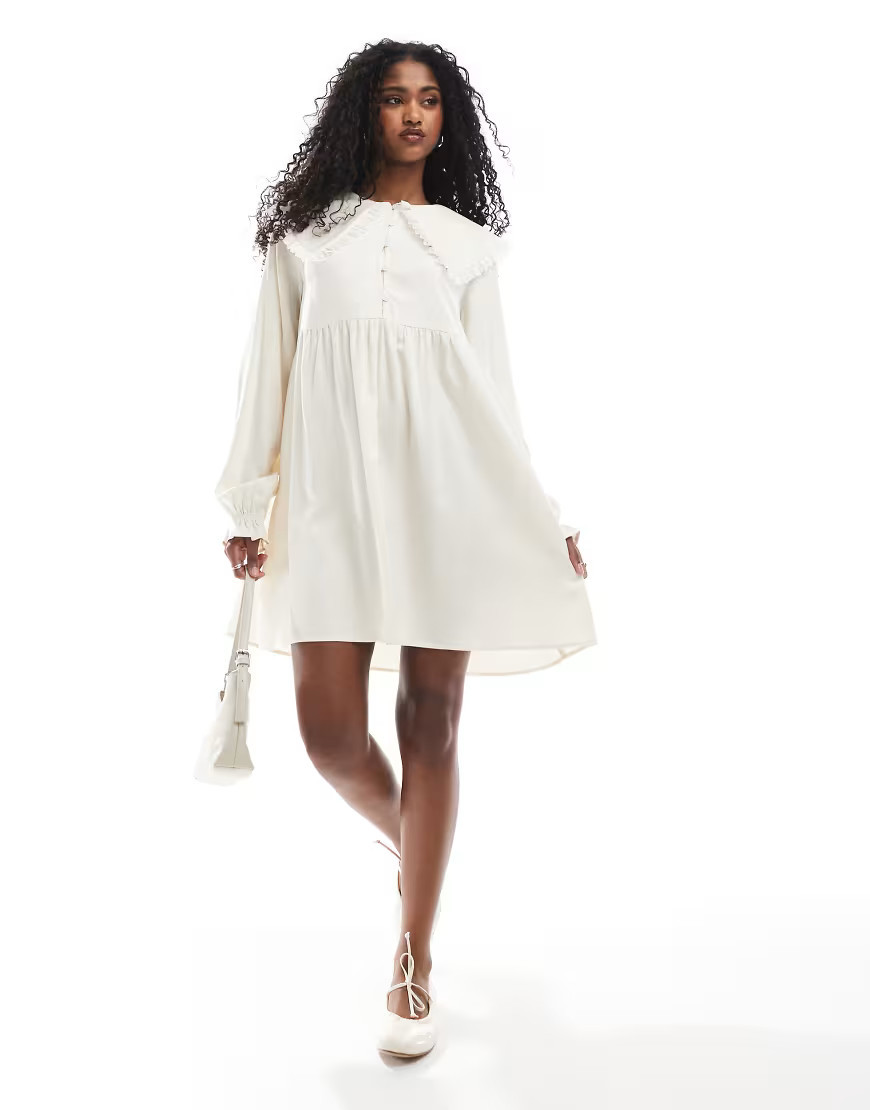 Miss Selfridge frill collared lace trim smock dress in ivory-White | ASOS (Global)