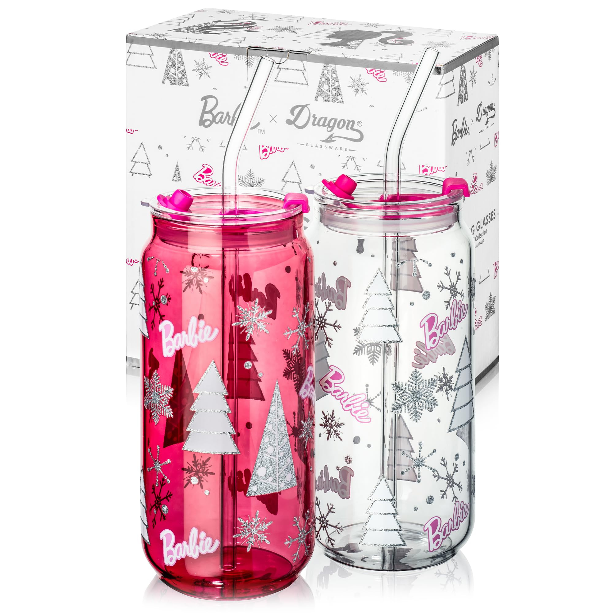 Dragon Glassware x Barbie Christmas Drinking Glasses - 20 oz Glass Cups with Lids and Straws Set ... | Amazon (US)