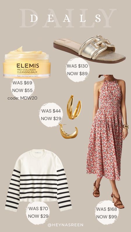 Daily deals on Elemis pro cleansing balm, Sam Edelman sandals, Anthropologie gold hoops, J.Crew red floral dress, Abercrombie stripped sweater 

#LTKSaleAlert