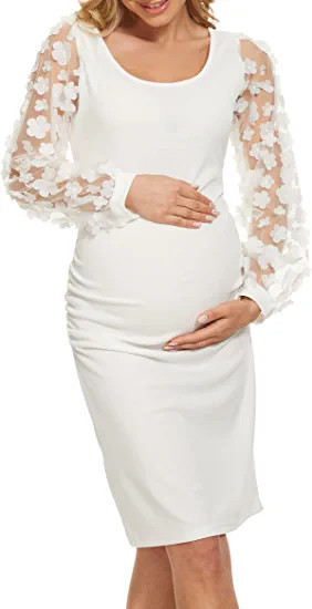 Elegant Floral Bishop Sleeve Midi Pencil Maternity Dress/Mesh Long Sleeve Side Ruched Bodycon Dre... | Amazon (US)