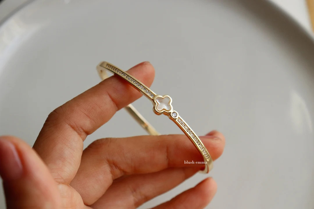 Mother of Pearl Clover Rhinestone studded Bangle Bracelet | Gold Color | Aesthetic | Dainty Minim... | Etsy (US)