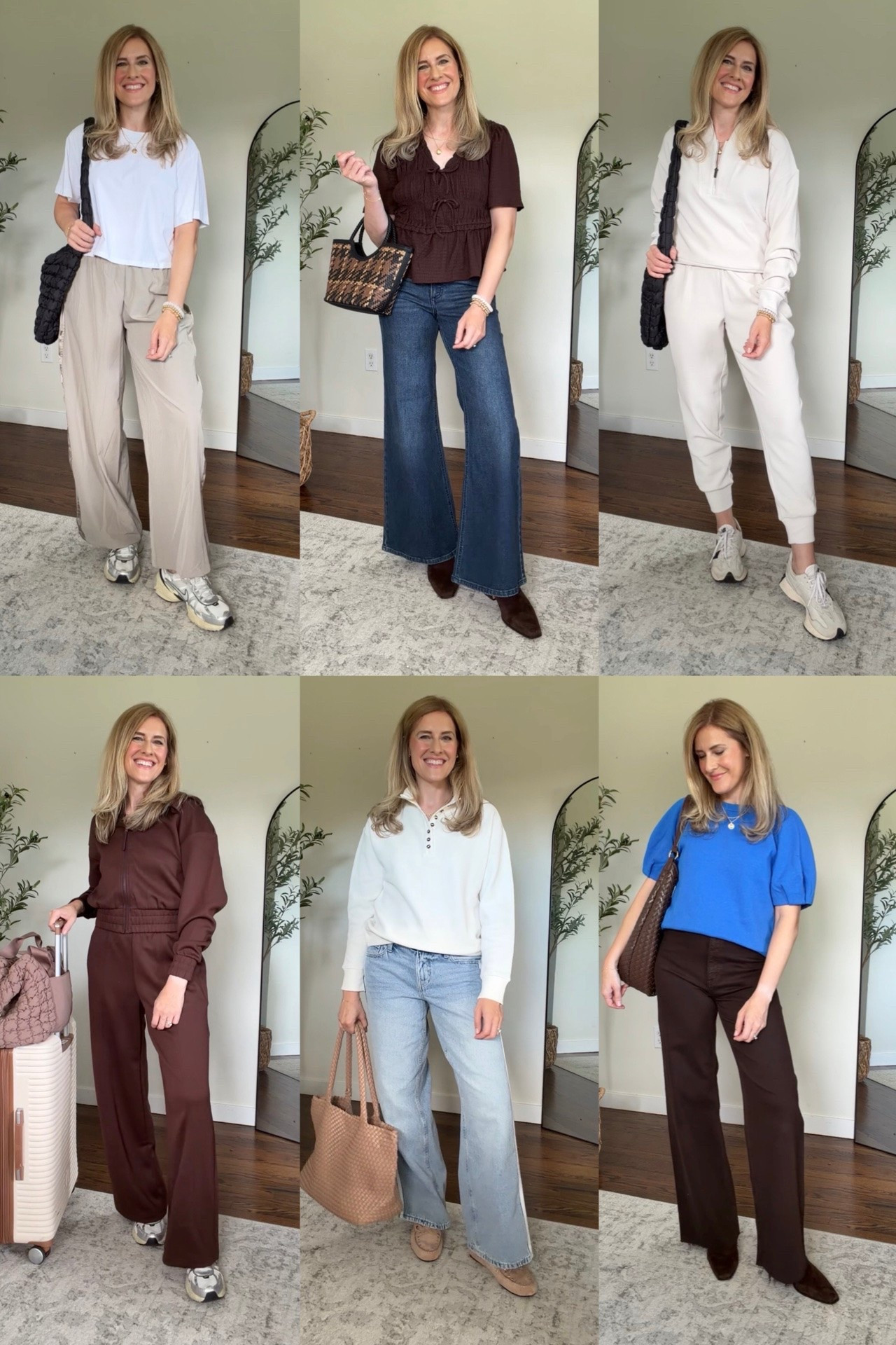Walmart outfits week of Sept. 6! Fitwise I did a medium in the wide leg side stripe pants and boxy crop tee, medium in the brown peplum top, small in the joggers, medium in the pullover, small in the brown pants and zip jacket, small in the Henley top and small in the blue puff sleeve sweatshirt. #walmartfashion

#LTKOver40
