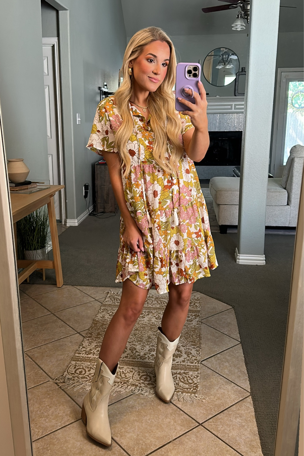Amazon dress. Fall dress. Family photo dress. Cowgirl boots. White western boots. Amazon outfits. Amazon floral dress. Amazon style. Affordable teacher outfit. Work wear from amazon. 

#LTKstyletip #LTKBacktoSchool #LTKworkwear