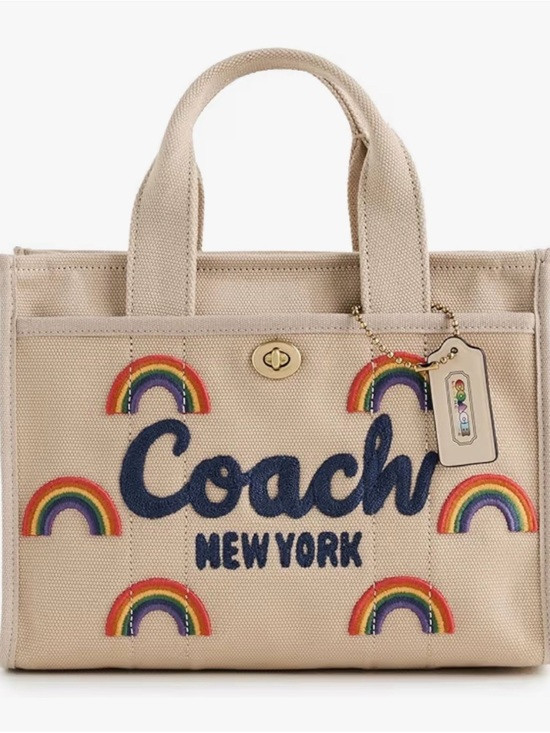 Coach Beige Canvas Tote 26 with Navy Logo and Rainbow Appliqués | Poshmark