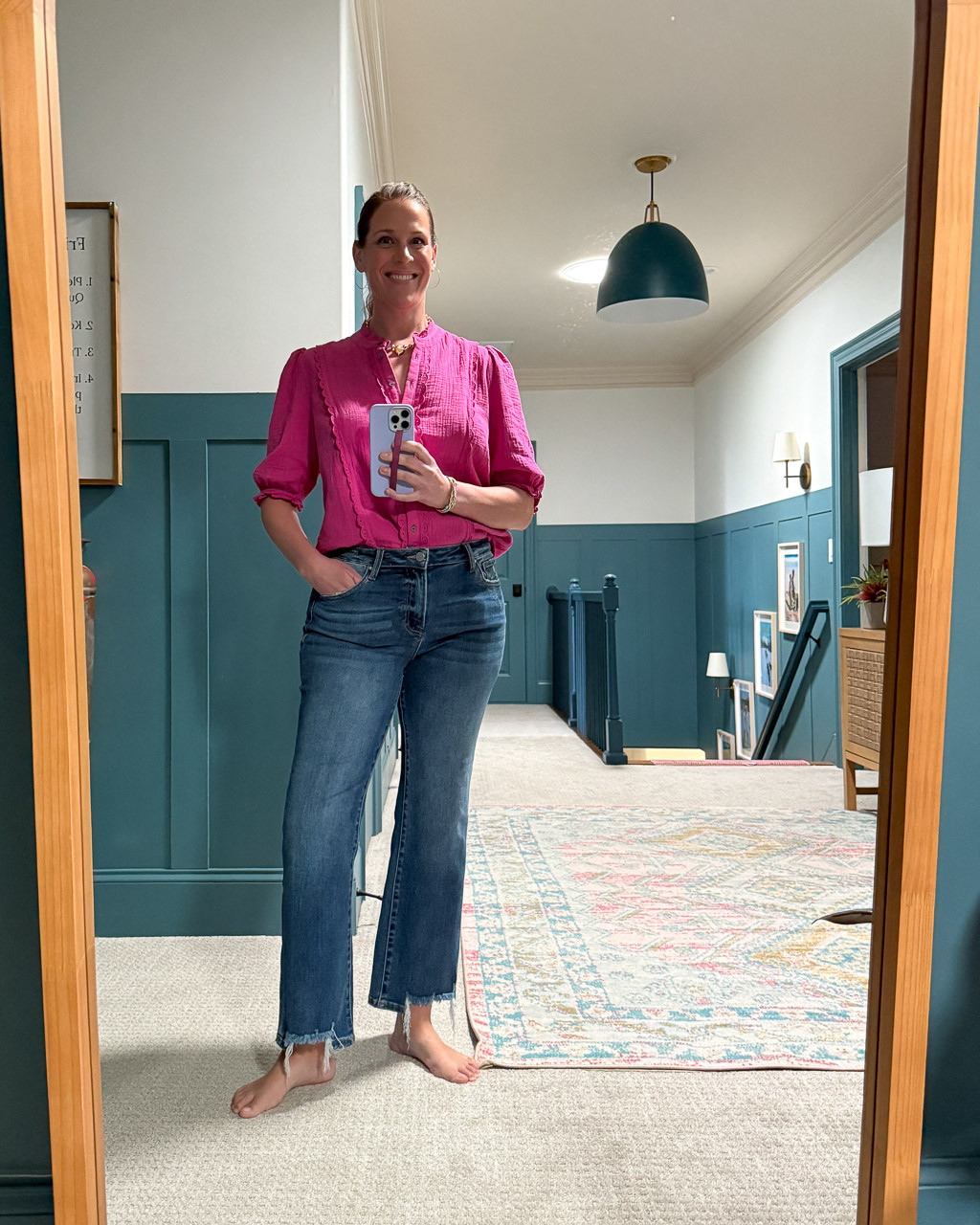 Y'all! This top is my new favorite. The scallop eyelet trim detail is SO CUTE. And I love gauze fabric because it's comfy and not high maintenance (I hate ironing). I sized up in the top, but only because it was out of stock in my size in this color. Based on the reviews of the jeans, I sized down one size and am glad I did. They are stretchy and comfy! Necklace and bracelets are on major sale. 

 #LTKOver40 #LTKSaleAlert #LTKMidsize