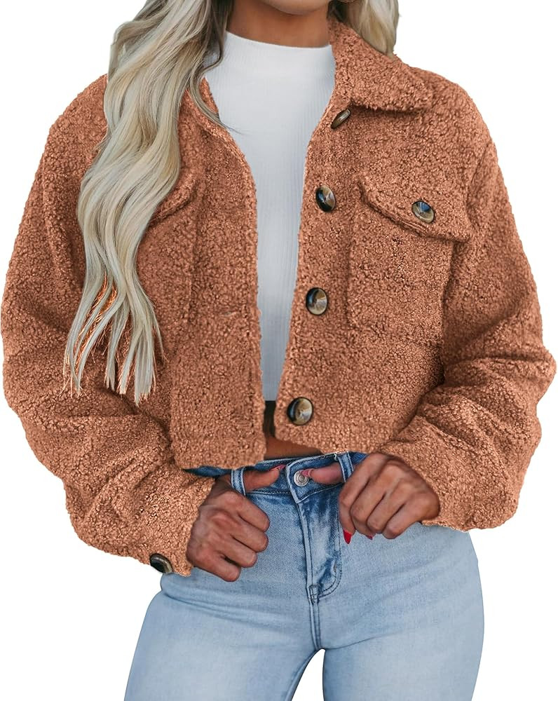 Womens Fall Clothes Sherpa Shacket Jacket Fuzzy Fleece Lapel Button Down Cropped Coat Outerwear | Amazon (US)