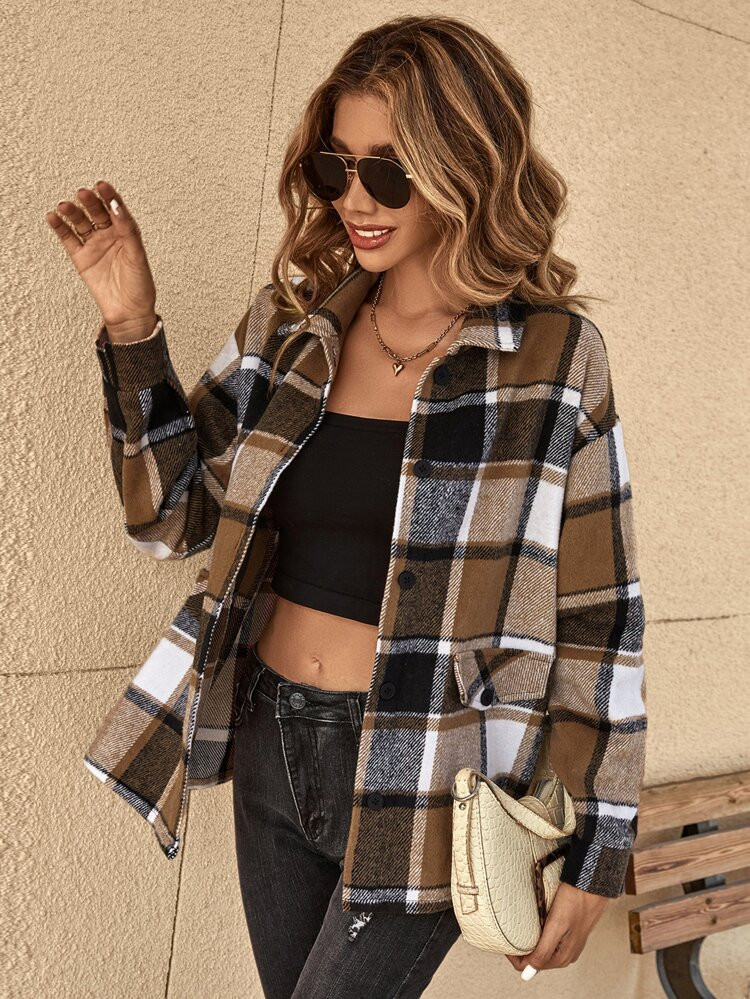 Plaid Drop Shoulder Overcoat | SHEIN