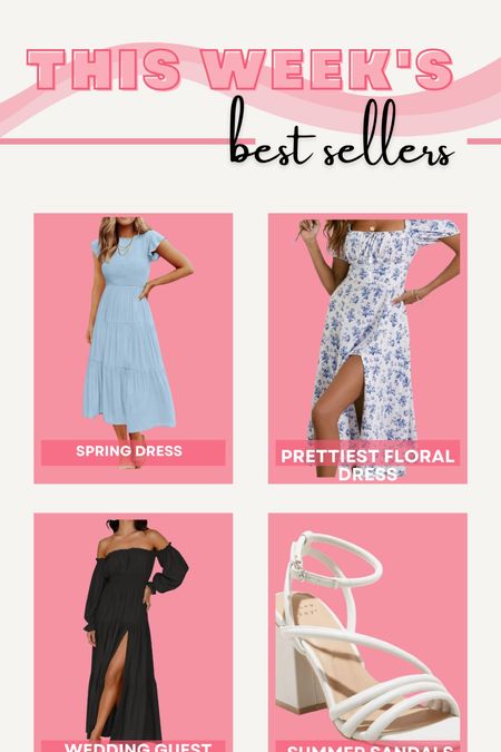 This week’s best sellers! Spring dresses, white and blue floral dress, strapless dress, off the shoulder dress, summer sandals, target sandals

#LTKfindsunder100 #LTKfindsunder50 #LTKSeasonal
