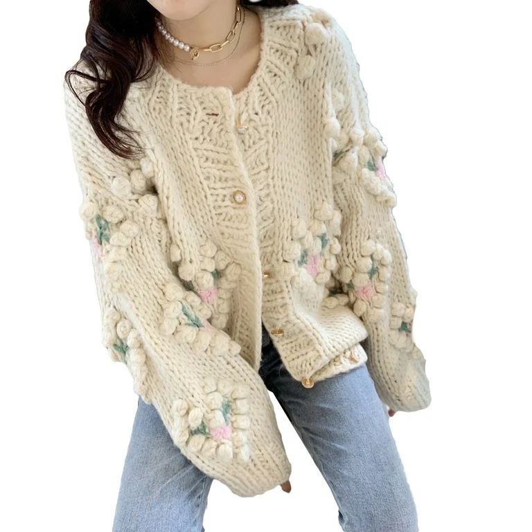 Kawaii 3D Flower Pom Poms Crochet Knit Cardigan Sweater Casual Button Down Long Sleeve Pullover T... | Walmart (US)