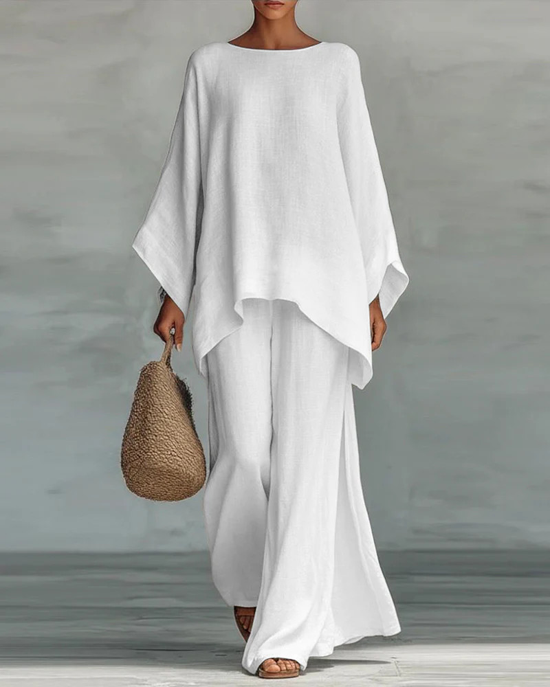 Linen Blend Cape Style Top and Wide Legs Pants Set | Zeagoo
