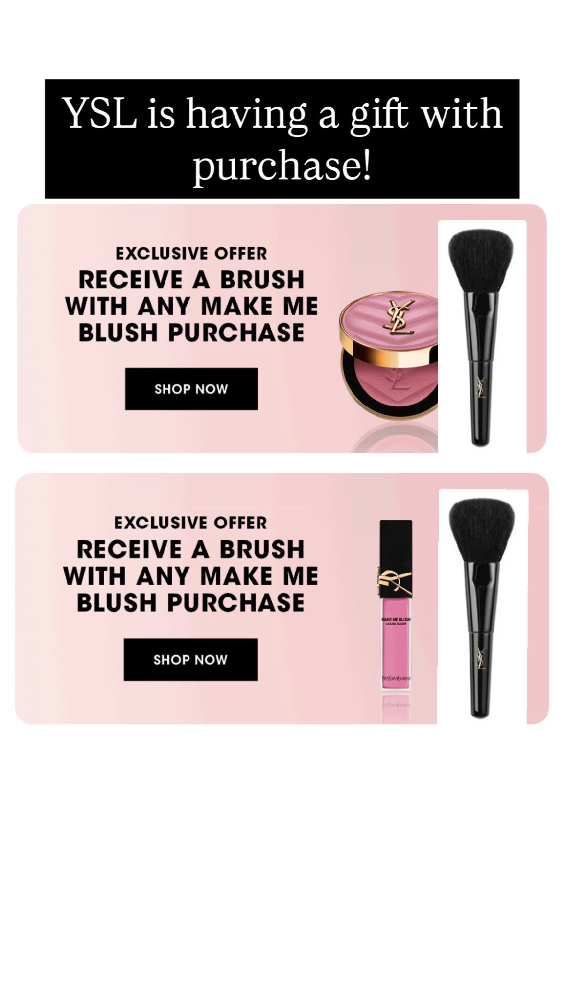 No minimum purchase to receive this beautiful YSL makeup brush with your “Make me Blush” product of choice! It is added automatically to cart with your purchase! 

#LTKBeauty #LTKSeasonal #LTKFindsUnder50