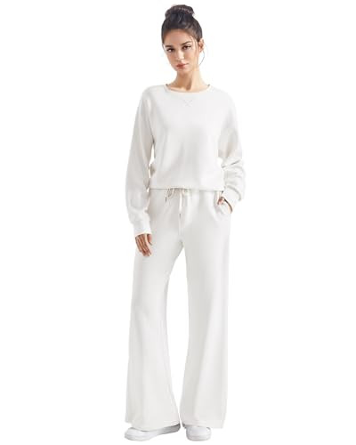 SUUKSESS Women Modal 2 piece outfits Oversized Sweatshirt Fall Lounge Set Wide Leg Pants Matching Sets (White,S) | Amazon (US)