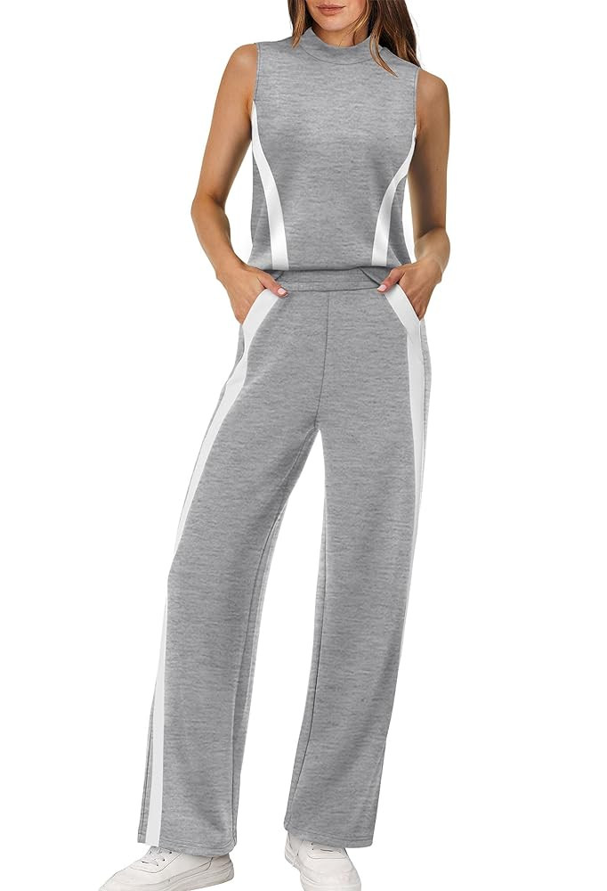 XIEERDUO Two Piece Sets for Women Summer Outfits Travel Mock Neck Lounge Sets Wide Leg Pants Beac... | Amazon (US)