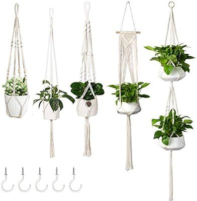 LEEPES 5-Pack Macrame Plant Hangers with 5 Hooks, Different Tiers, Handmade Cotton Rope Hanging P... | Amazon (US)