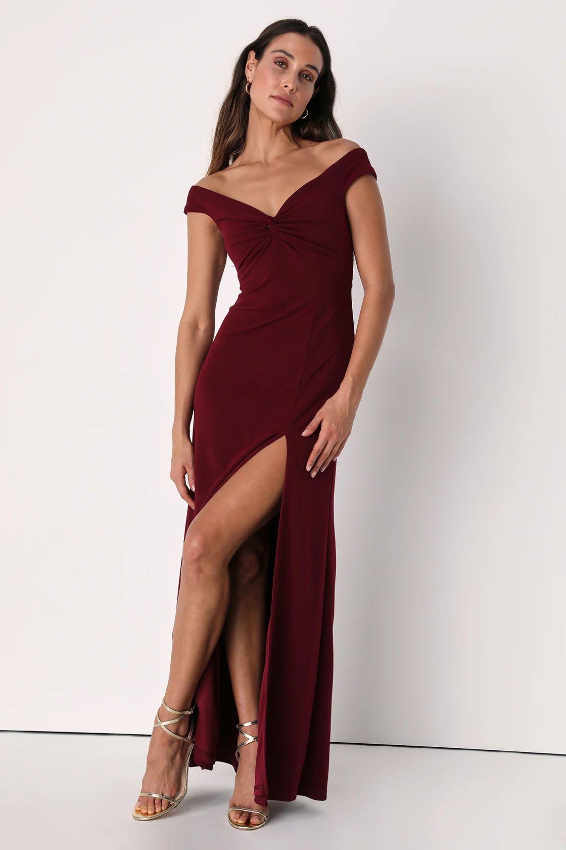 Behold My Love Burgundy Off-The-Shoulder Twist-Front Maxi Dress | Lulus (US)