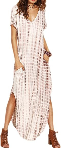 Zilcremo Women Casual Dress Tie Dye/Floral Short Sleeve Summer Loose Maxi Dresses with Pockets | Amazon (CA)