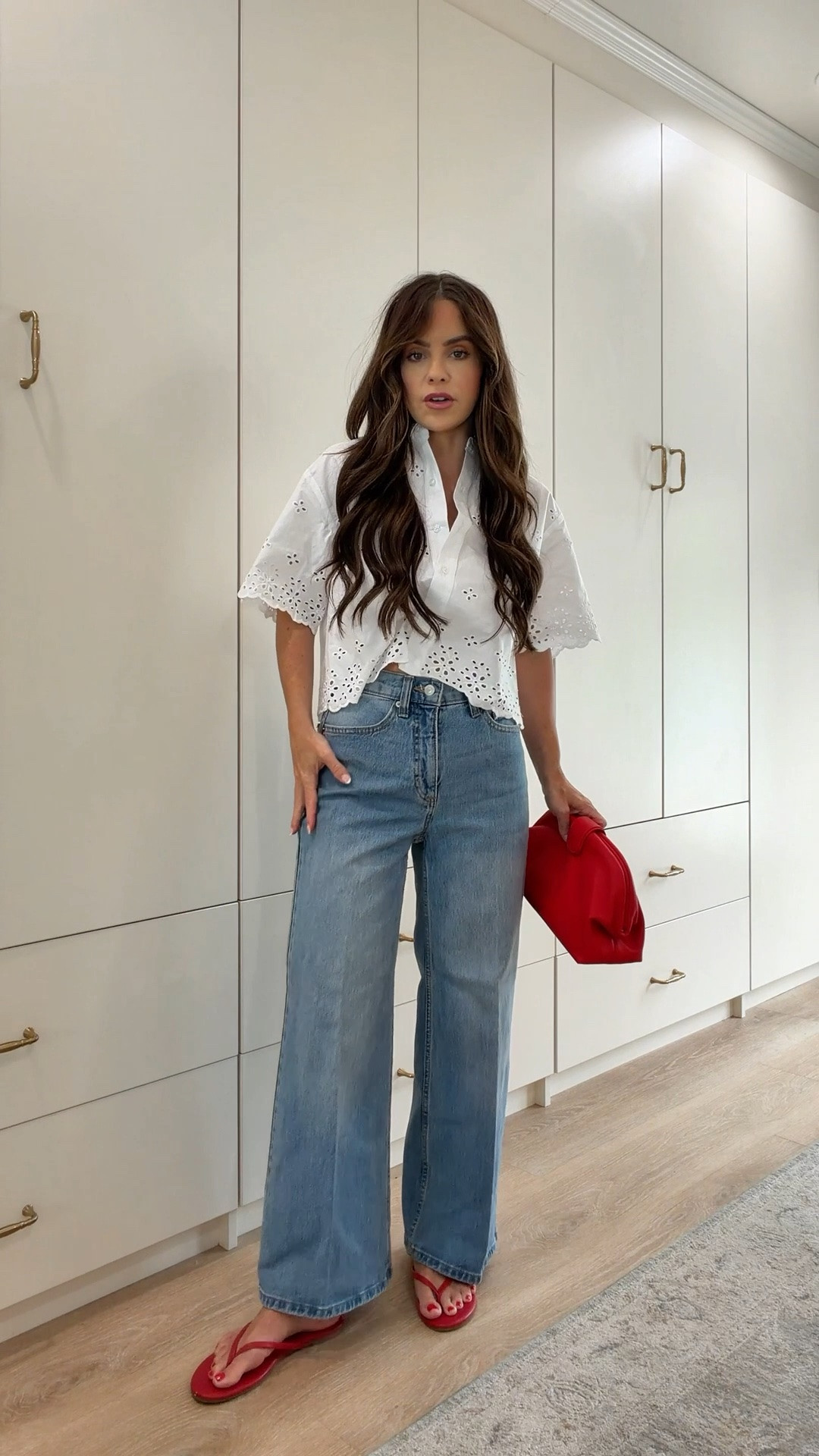 Top in a small/ jeans in 0 / shoes true to size  @walmart 
This Walmart outfit is giving coastal chic meets classic Americana. The eyelet blouse is lightweight, breathable, and perfect for hot summer days, while the wide leg jeans create that effortless elevated look. I added a pop of red with the sandals and clutch for a fun statement that instantly pulls the outfit together.

✨ Walmart fashion
✨ Summer outfit idea
✨ Eyelet blouse
✨ Wide leg jeans
✨ Red sandals
✨ Red clutch
✨ Casual chic outfit
✨ Affordable fashion
✨ Summer style
✨ Vacation outfit
✨ Everyday outfit inspiration
✨ Walmart finds
✨ Coastal style
✨ Weekend outfit
✨ Petite friendly fashion

Everything is linked in my LTK! 🤍 #WalmartFashion #WalmartFinds #SummerStyle #WideLegJeans #EyeletTop #AffordableFashion #CasualChic #CoastalStyle #LTKStyle #LTKFinds #SummerOutfitIdeas #RedAccessories #PetiteStyle #EverydayFashion #FashionOver35

#LTKootd #LTKSaleAlert #LTKPetite