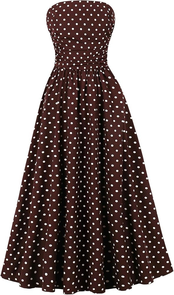 Wellwits Women's Ruched Tube Smocked Polka Dots 1950s Vintage Maxi Dress | Amazon (US)