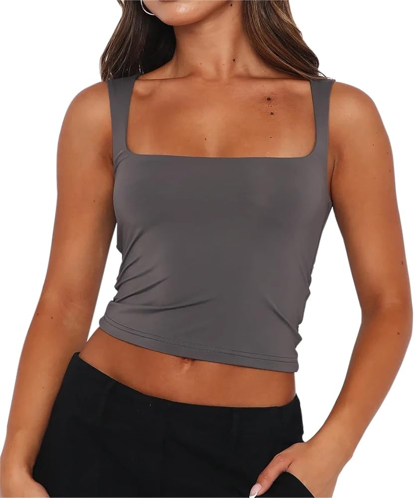 Cioatin Women’s Basic Sleeveless Strappy Scoop Neck Crop Tank Top Y2K Skinny Workout Cropped Ca... | Amazon (US)